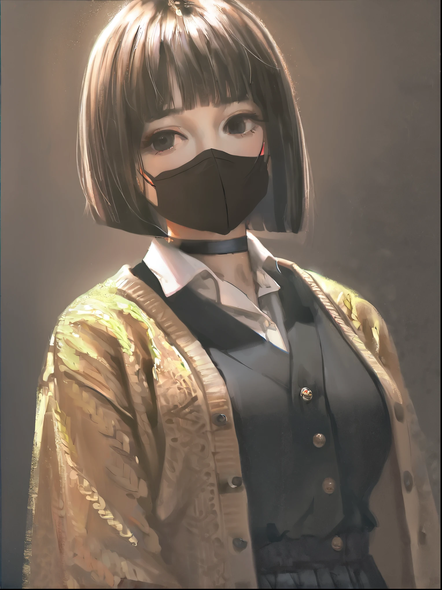 masterpiece, best quality, high quality, hyperrealistic anime painting, anime painting, loose long hair, black background, dramatic diagonal lighting, painterly, realistic painting, soft feature, detailed clothes, detailed, rembrandt lighting, solo, (black hair:1.2), bob cut, short hair, tomboy, black eyes, (black mouth mask:1.1), long eyelashes, half-closed eyes, (red-framed eyewear:1.1), black choker, hime-cut hair, adult, mature, black eyeliner, ear piercing, BREAK solo, standing, big breasts, adult, tall, white collared shirt, long sleeves, light brown cardigan, open cardigan, black pleated skirt, black microskirt, black miniskirt, (black thighhighs:1.1), (shirt tucked in:1.1), black nails, skinny, BREAK white background, simple background,