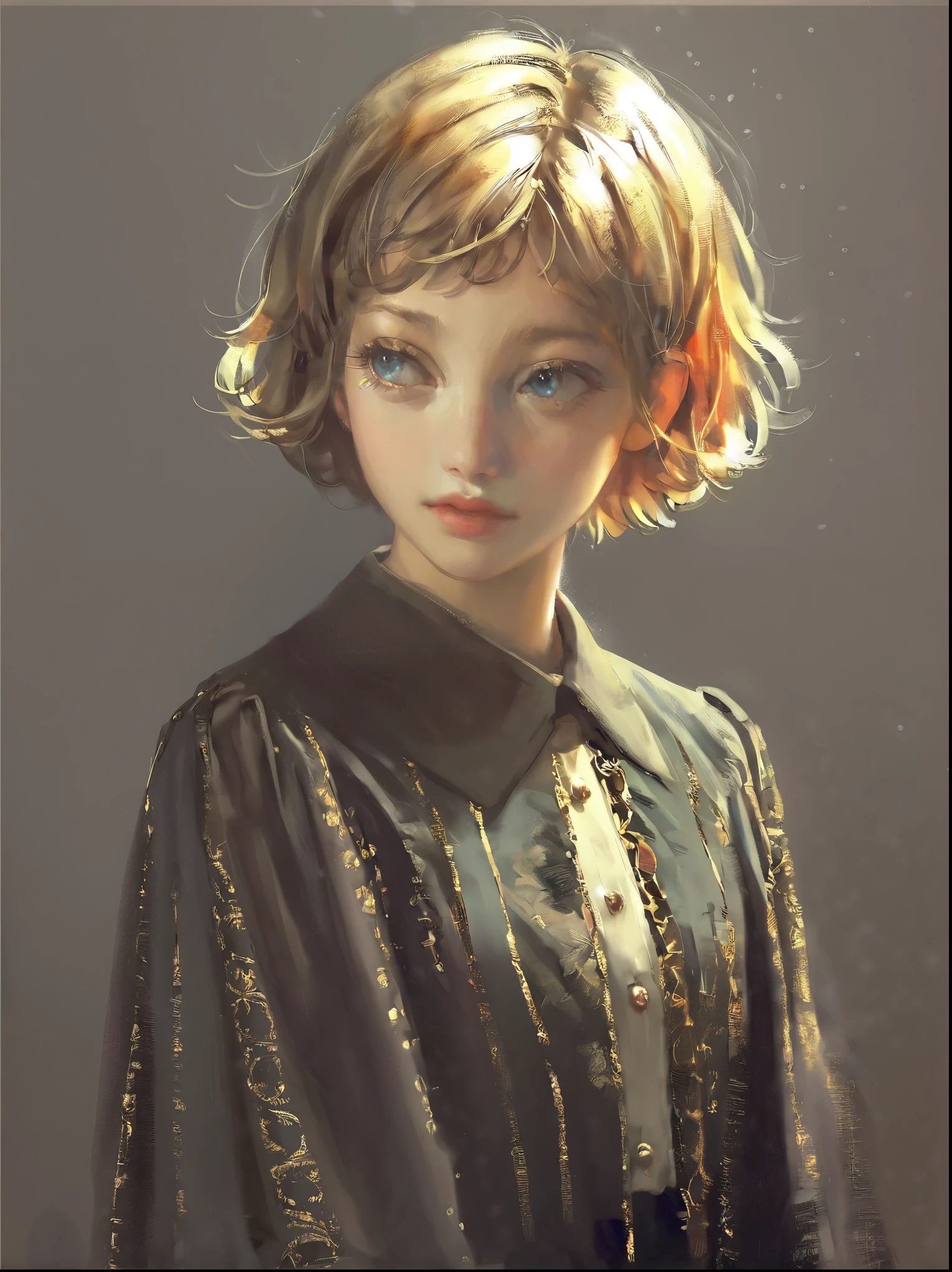 masterpiece, best quality, high quality, hyperrealistic anime painting, anime painting, loose long hair, black background, dramatic diagonal lighting, painterly, realistic painting, soft feature, detailed clothes, detailed, rembrandt lighting, 1girl, blonde hair, short hair, wavy hair, blue eyes, long eyelashes, shy expression, standing, wavy bangs, short, BREAK solo, small breasts, skinny, arched back, thigh gap, princess outfit, BREAK (snowy background:1.2), simple background, innocent, lovely, adorable,
