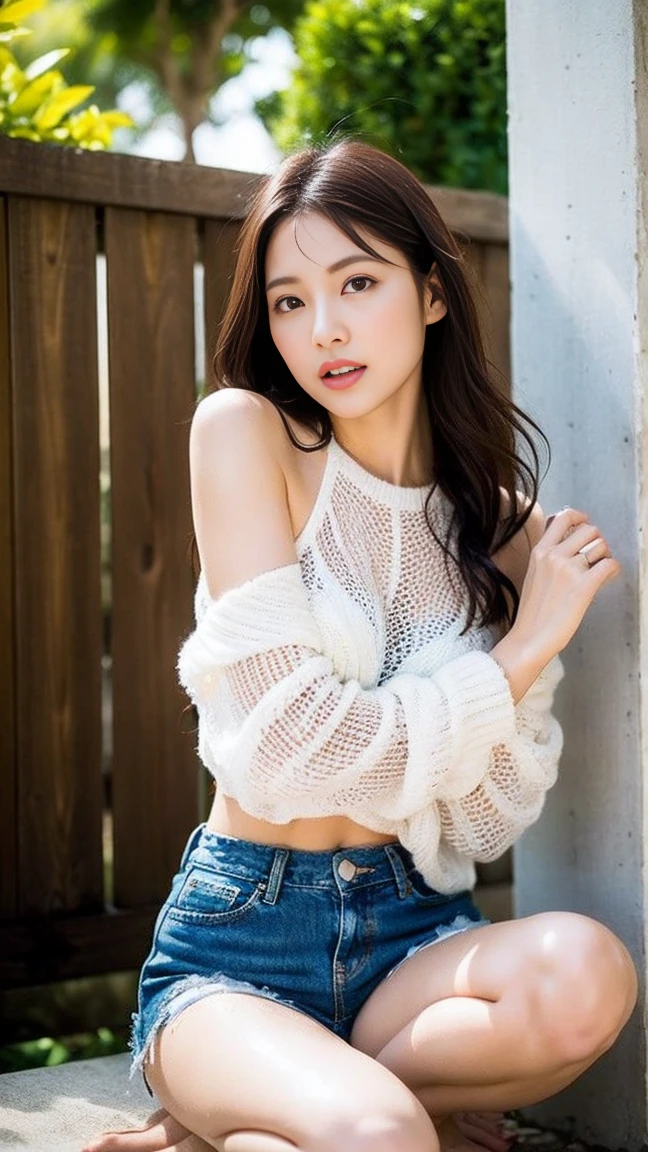 Dark brown hair、Light brown eyes、Japanese actress、I am about 40 years old....、(My NTR More about my category:1.2)、(top-qual私ty:1.4)、 (Ultra-high resolution:1.2)、Ultra-high resolution、(Private Detective Data)、(Detailed facial features)、Hmph、8K resolut私on、D cup breasts、Long Hair、Obscene pose、Beautiful feet、Open your mouth a little、Please lift your chin a little、Openwork knit、Loose knit top、Denim shorts、Outdoor shower、Outdoor showerを浴びる、Water splashes hit the body、Light of the sun、White wall、Water splashes from the shower、2Book legs、2Book Hand、Beautiful feet、Expressions of weakness、Posing with a sense of vulnerability、Shooting from an angle、Water Drop、Wet body、Shower body、Halter neck、