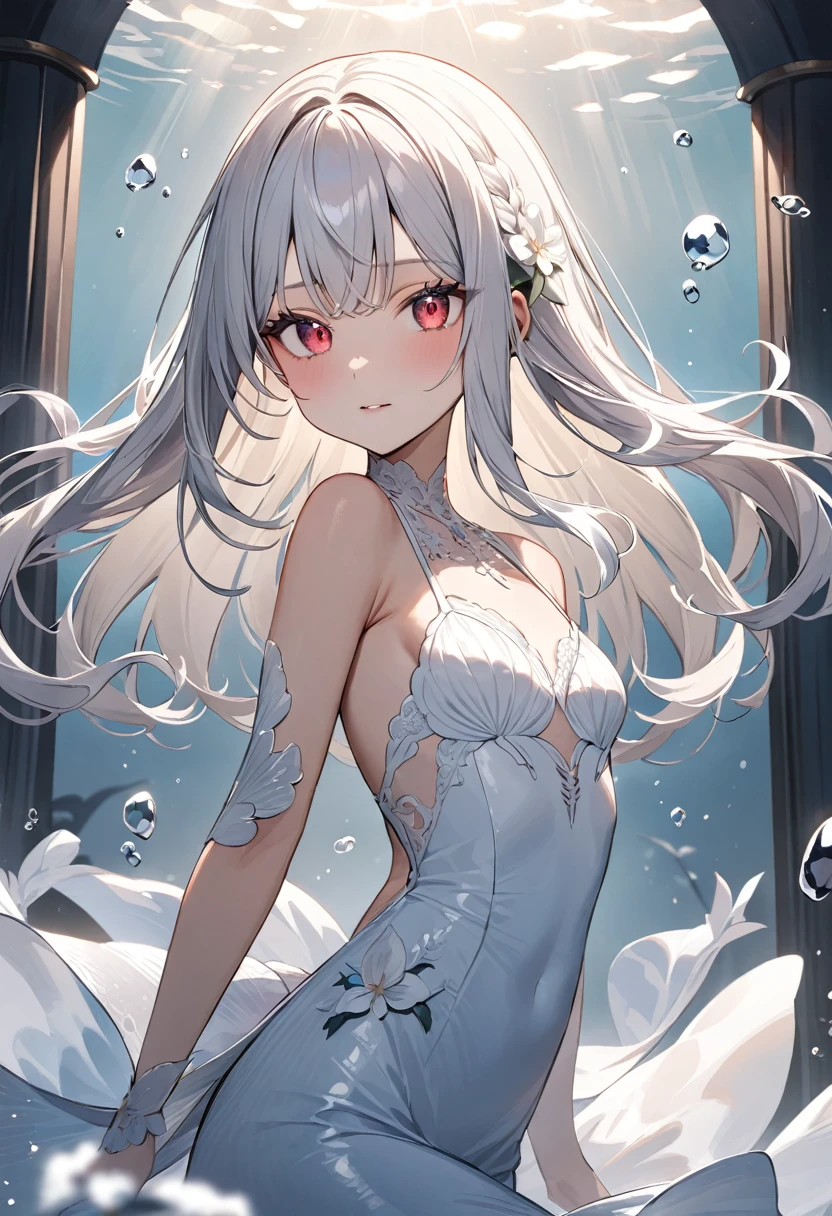 (masterpiece, top quality, very aesthetic, 4k、illustration), intricate detail, 1woman,、solo,contrapposto 、Strong glowing eyes、,(cowboy shot)、、(),beautiful face、from side、clear face、straight hair、(red to white gradient hair)、,middle hair,sidelock ,レッド　eyes、white Summer MermaidDresses、small breasts、Slim 、dim