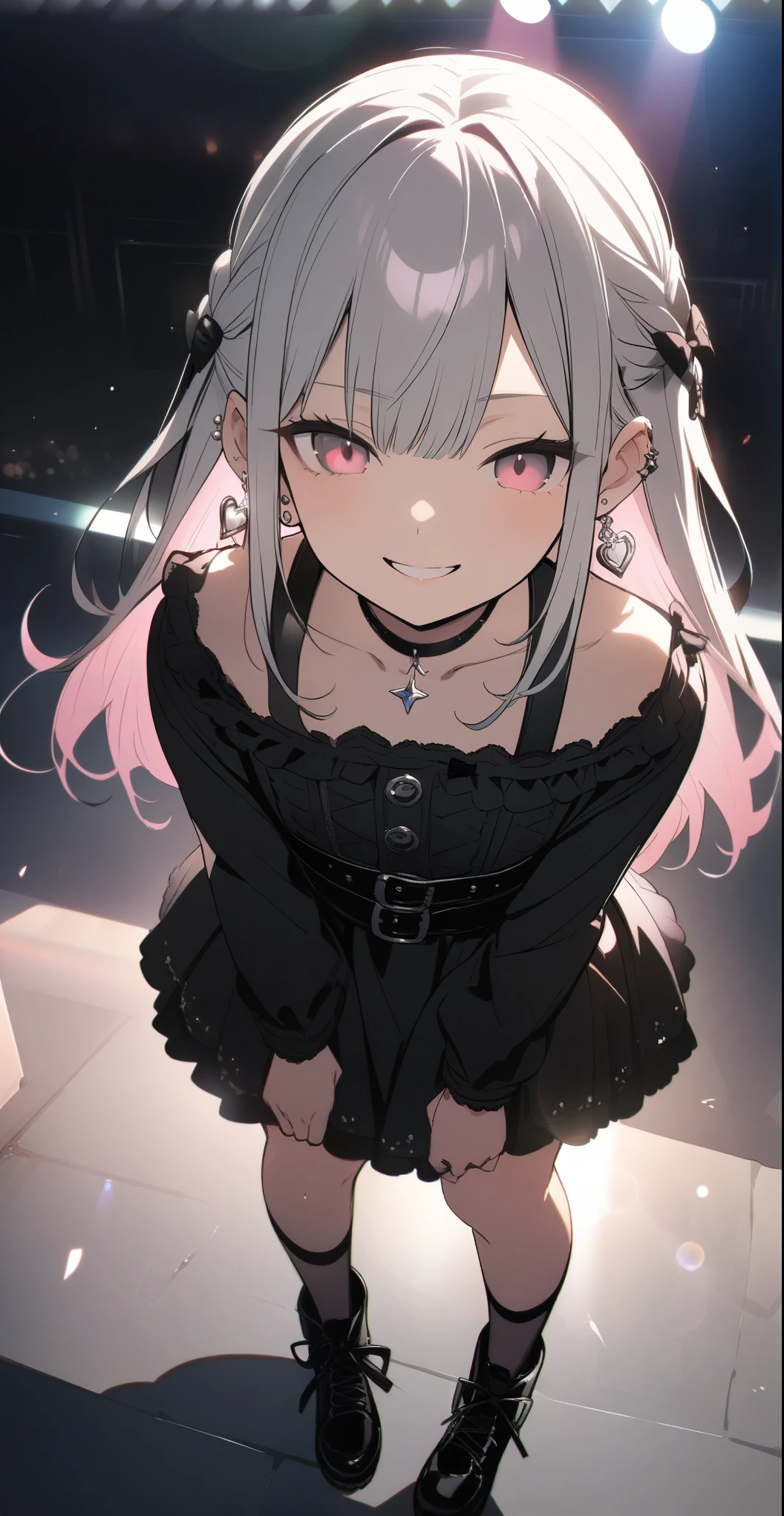 Very cute girl, (Doing rap、Holding a microphone、Saying thank you)、((She has some silver earrings in her ears.. Black choker、Black punk fashion))、(Gray hair color、Light pink inner color hairstyle、Hair expressed with a delicate touch), Beautiful Hair, Facial Contour, Remember, Live venue stage, splash, Lens flare、Bright lighting、illumination、Natural Color, ((High resolution)), Very delicate, Very detailed, 8k、Shyness,((Sexual)),((Naughty feelings)),smile、Full body angle