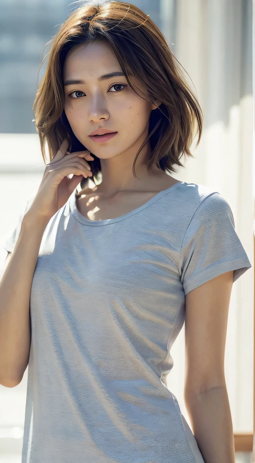 (top-quality、16K resolution) 1 girl、solo、natural soft light、Looking at the camera、sexy T-shirt、Concrete background、Facing the front、is standing、bobhair、Woman in her late teens、Light bangs、short-hair、Salon model、Natural look、portlate、floated hair、Rolled hair, sexy blue jean, pink shoes, background on street