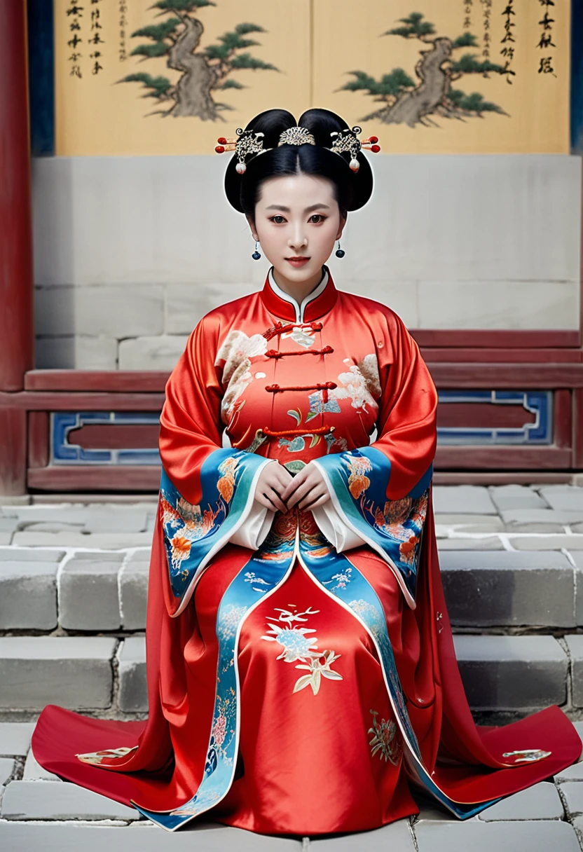 A woman seen from the front, sitting facing forward with her legs apart. A 30-year-old Qing dynasty empress in the Chinese imperial court during the Qing dynasty. The empress is wearing a red Manchu outfit with a floral pattern and is open at the front, revealing her chest, lower abdomen, thighs and feet.。She is wearing no underwear, and her large breasts are exposed, right down to her bare stomach. Her hair is tied up and pulled up, and the background is the stone pavement of the Chinese palace of the Qing Dynasty.