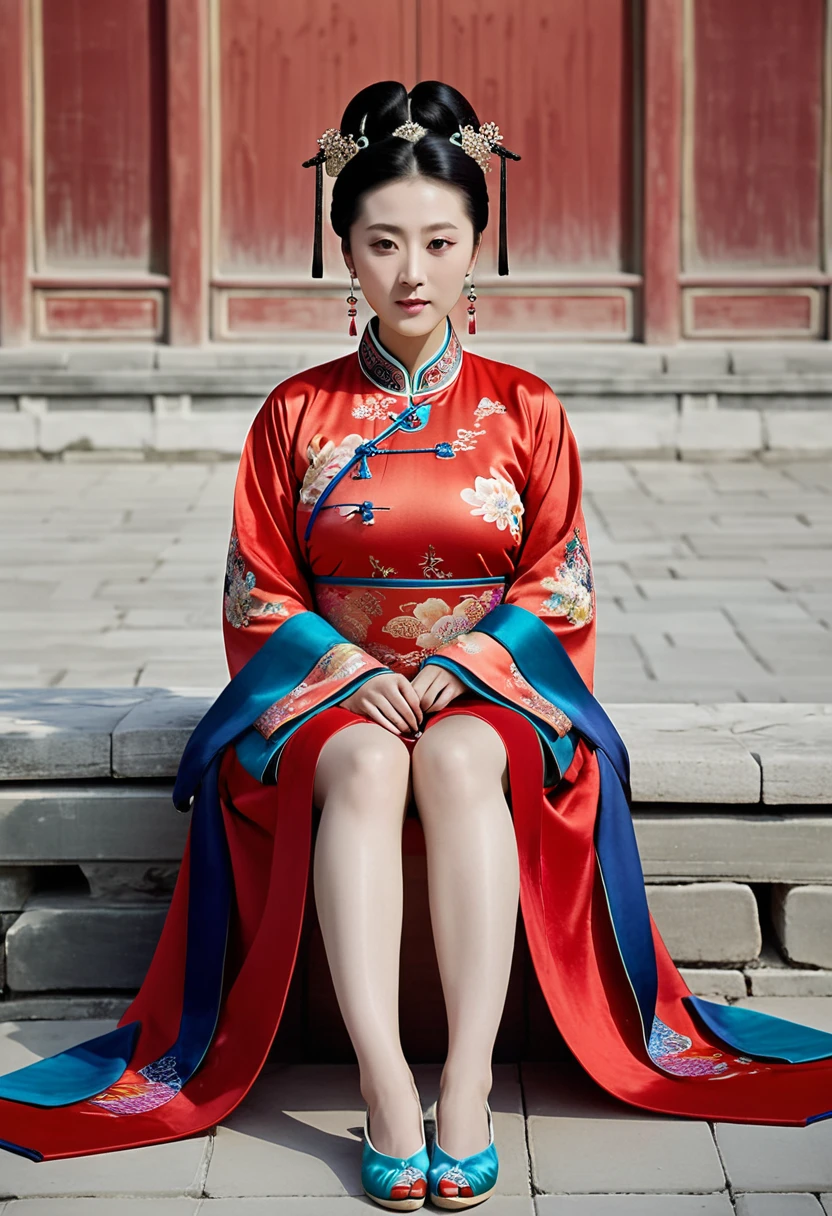 A woman seen from the front, sitting facing forward with her legs apart. A 30-year-old Qing dynasty empress in the Chinese imperial court during the Qing dynasty. The empress is wearing a red Manchu outfit with a floral pattern and is open at the front, revealing her chest, lower abdomen, thighs and feet.。She is wearing no underwear, and her large breasts are exposed, right down to her bare stomach. Her hair is tied up and pulled up, and the background is the stone pavement of the Chinese palace of the Qing Dynasty.