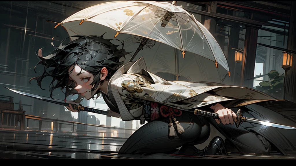 masterpiece,Highest quality,Ultra-fine illustrations,Very detailed,Beautiful background,Perfect Face,Perfect hands,Dynamic Angle,Ink painting style,ass pov,Dynamic Scene,kimono,knife,short hair,rain,battlefield,Beautiful background,Fearless Smile,Ii Slash