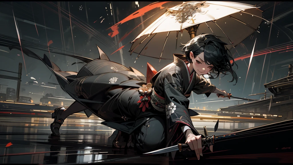 masterpiece,Highest quality,Ultra-fine illustrations,Very detailed,Beautiful background,Perfect Face,Perfect hands,Dynamic Angle,Ink painting style,ass pov,Dynamic Scene,kimono,knife,short hair,rain,battlefield,Beautiful background,Fearless Smile,Ii Slash