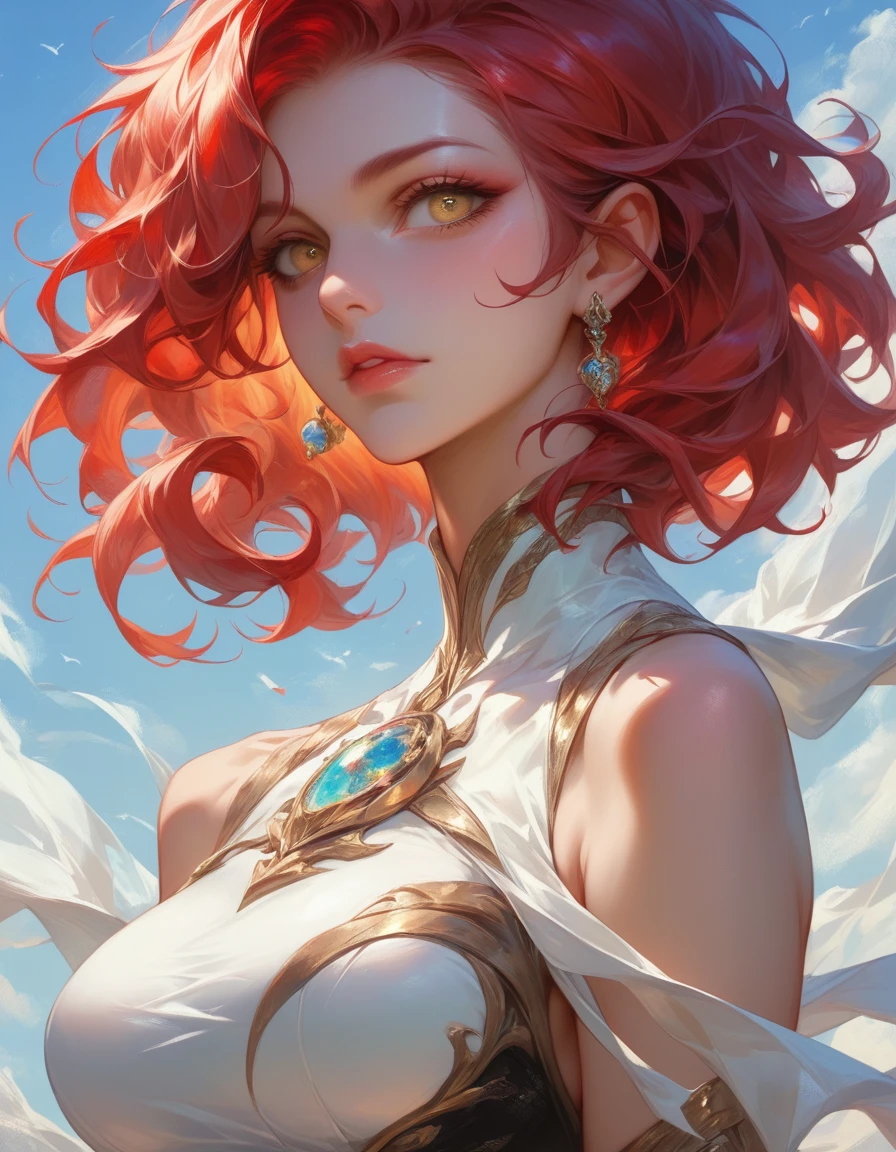 Beautiful tall woman with red hair and yellow eyes super realistic and well detailed suit outfit