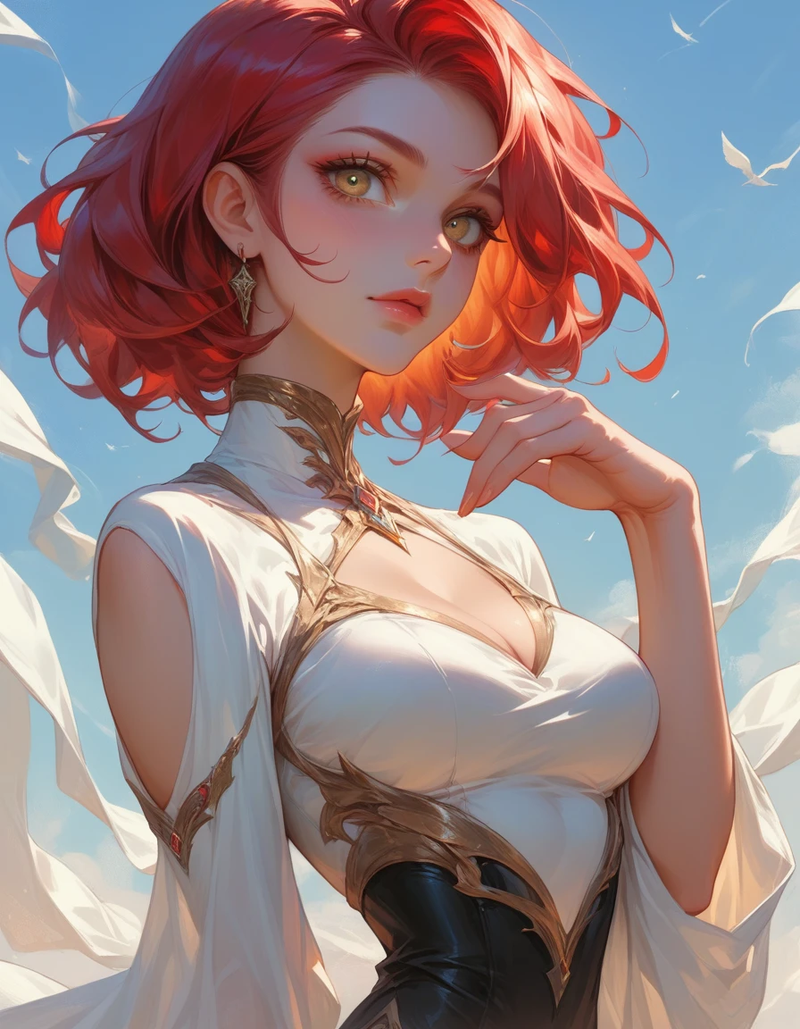 Beautiful tall woman with red hair and yellow eyes super realistic and well detailed suit outfit
