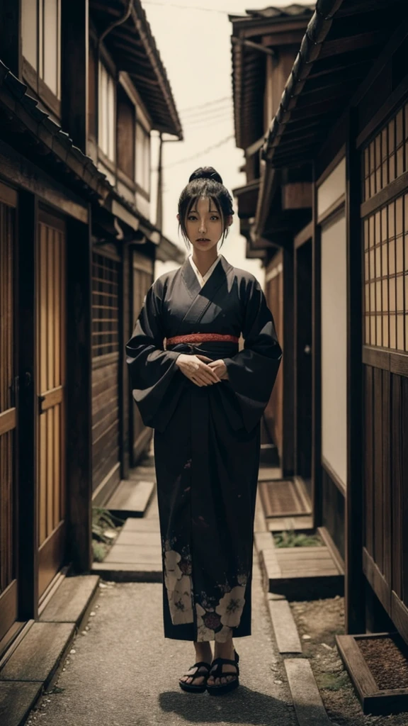 Create a realistic horror movie promotional photo inspired by Japanese horror movies like 'Ju-On.' The image should be vertical (9:16 aspect ratio) and depict a terrifying elderly female yokai (supernatural creature) in a traditional Japanese kimono. She should be shown from head to toe in a bizarre, unsettling pose. The background should be an Edo period setting commonly used in horror movies, featuring old, dimly lit wooden structures, narrow alleyways, and eerie shadows. Ensure the image is highly detailed and lifelike.