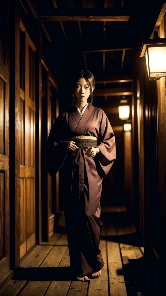Create a realistic horror movie promotional photo inspired by Japanese horror movies like 'Ju-On.' The image should be vertical (9:16 aspect ratio) and depict a terrifying elderly female yokai (supernatural creature) in a traditional Japanese kimono. She should be shown from head to toe in a bizarre, unsettling pose. The background should be an Edo period setting commonly used in horror movies, featuring old, dimly lit wooden structures, narrow alleyways, and eerie shadows. Ensure the image is highly detailed and lifelike.
