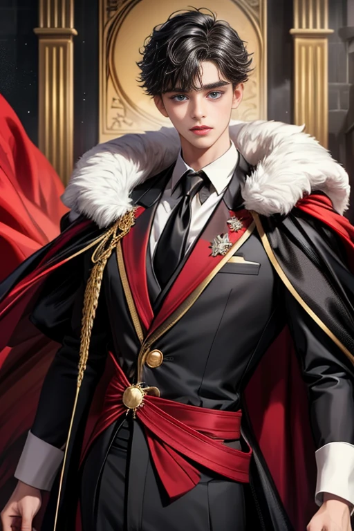 masterpiece, 最high quality, high quality, 1 boy, alone, Male focus, Watching the audience, Messy black hair, Adorable big blue eyes, White, Noble, Noble,A sexy, voluminous, puffy cape、tuxedo、A very voluminous, large, very large, very large, long, long red and black cape with a high stand-up collar, made of a lot of fabric that reaches down to the floor., ,Cute beautiful boys,Cute, cute, kind, handsome guy
