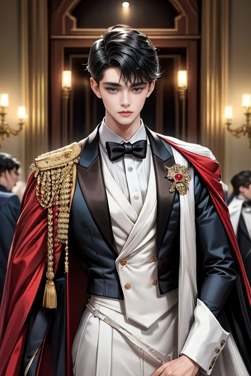 
masterpiece, 最high quality, high quality, 1 boy, alone, Male focus, Watching the audience,  Messy black hair, Adorable big blue eyes, White, Noble, Noble,A sexy, voluminous, puffy cape、tuxedo、A very voluminous, large, very large, very large, long, long red and black cape with a high stand-up collar, made of a lot of fabric that reaches down to the floor., 17 years old,Cute beautiful boys,Cute, cute, kind, handsome guy