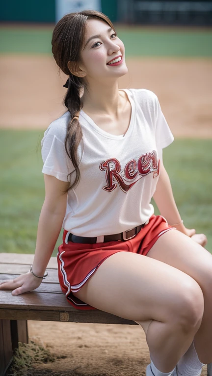 1 girl、(Age 27)、(Highest quality), Realistic, Very detailed, finely, High resolution, (8k), One beautiful woman, (Starry Sky Baseball Stadium)、(Taiwan Rakuten Cheerleaders)、(Short Ponytail), ((A white T-shirt with a red Rakuten logo))、((Red Belt))、（(White shorts）)、（(From the whole body to the toes:1.3)、((Full Body Shot:1.3))、(Big Breasts)、(Big Ass)，（Look back and laugh)、  (Look at me and smile),(Side Shot)、(Side view:1.3)、(photoRealistic:1.3)，(From the whole body to the toes:1.3)、(Sit on a bench)、(A smile showing white teeth)，