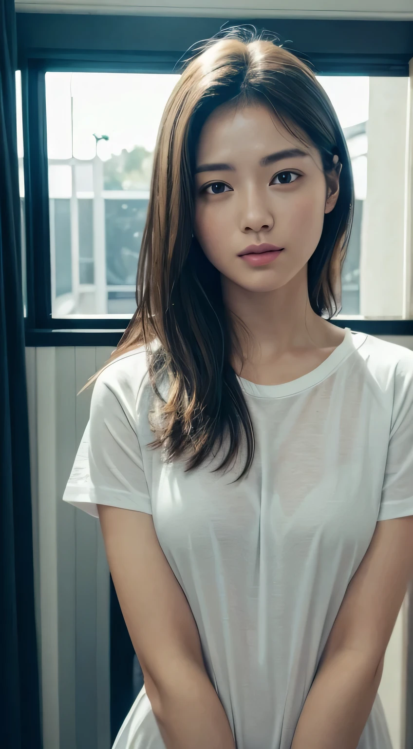 Japan Girl,beautiful girlfriend,a beauty,Raw foto,8K,morning sun lighting,Gray T-shirt and jeans miniskirt,Smooth long hair,A dark-haired,A detailed face,Detailed skin,Detailed eyes,(Slim body:1.3), girl in,About 23 years old,