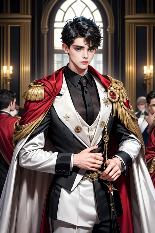 
masterpiece, 最high quality, high quality, 1 boy, alone, Male focus, Watching the audience,  Messy black hair, Adorable big blue eyes, White, Noble, Noble,A sexy, voluminous, puffy cape、tuxedo、A very voluminous, large, very large, very large, long, long red and black cape with a high stand-up collar, made of a lot of fabric that reaches down to the floor., 17 years old,Cute beautiful boys,Cute, cute, kind, handsome guy