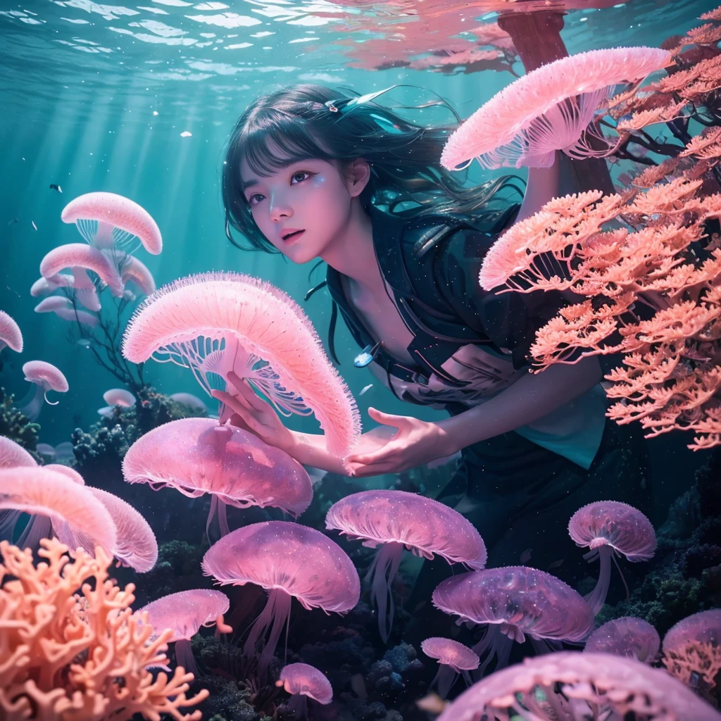 masterpiece, Highest quality, (Very detailed CG Unity 8k 壁紙), (Highest quality), (Best illustrations), (Best Shadow), Marine theme with natural elements. Tall mangrove, rich Seaweed, Luminous jellyfish, Surrounded by schools of fish, Luminous particle effect,, (Seaweed), (Ocean Theme), ((Glowing Algae)), (Coral), ((Luminous jellyfish )), ((Glowing creatures in seawater)), ((Seafire)), (((Particle Effects))), Isometric 3D, Octane Rendering, Ray Tracing, Very detailed
