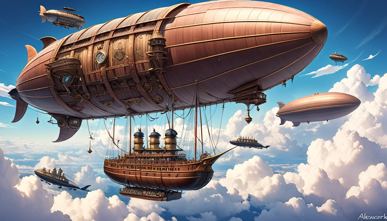 A large wooden ship floats above the clouds, steampunk airship, airship in steampunk, airship, steampunk zeppelin, flying airships, airship in the sky, airships, airship, steampunk airships fly overhead, steampunk airship!!!!!!!, By Alexander Kucharski, airships in the sky, Surreal digital art