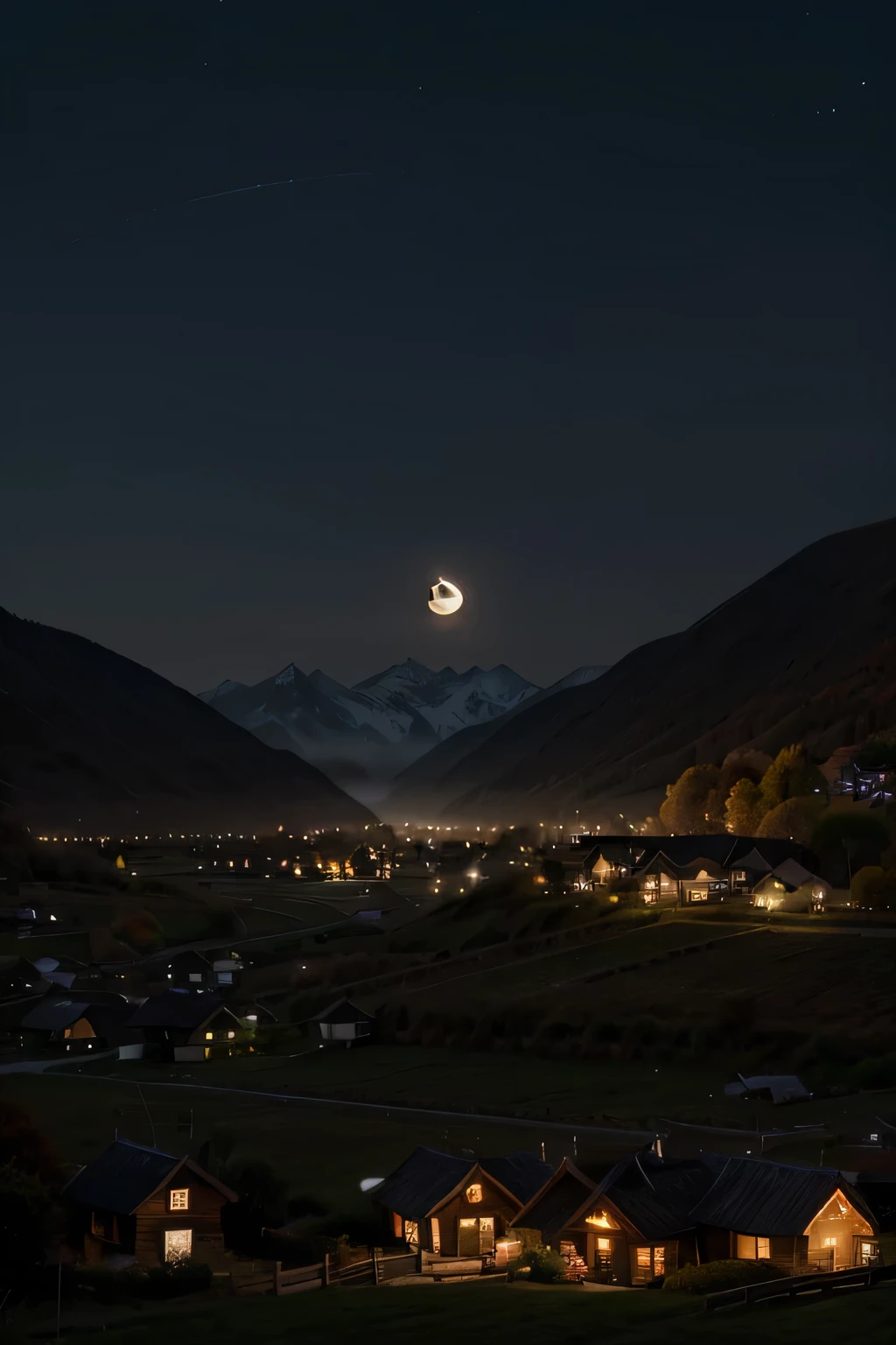 A remote village, miles away from downtown, autumnal, dark misty moon night, mountainous,