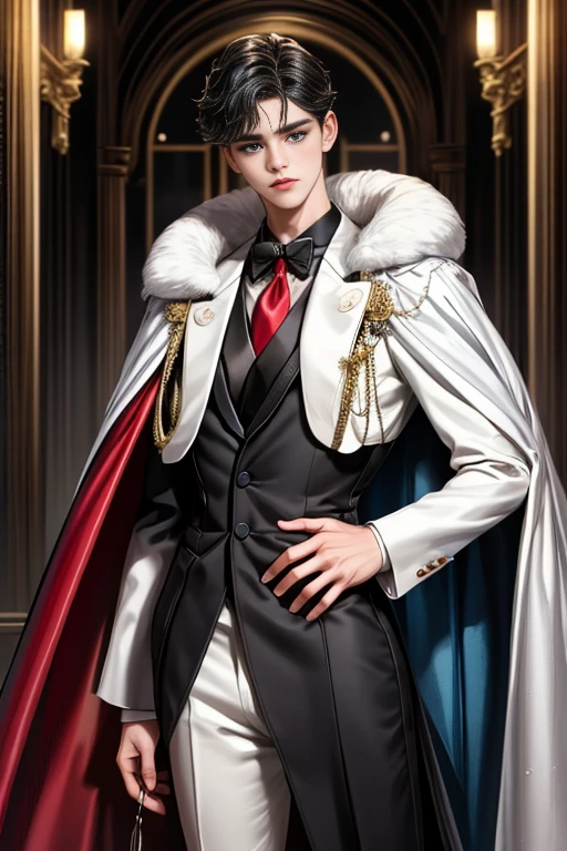 masterpiece, 最high quality, high quality, 1 boy, alone, Male focus, Watching the audience, Messy black hair, Adorable big blue eyes, White, Noble, Noble,A sexy, voluminous, puffy cape、tuxedo、A very voluminous, large, very large, very large, long, long red and black cape with a high stand-up collar, made of a lot of fabric that reaches down to the floor., ,Cute beautiful boys,Cute, cute, kind, handsome guy
