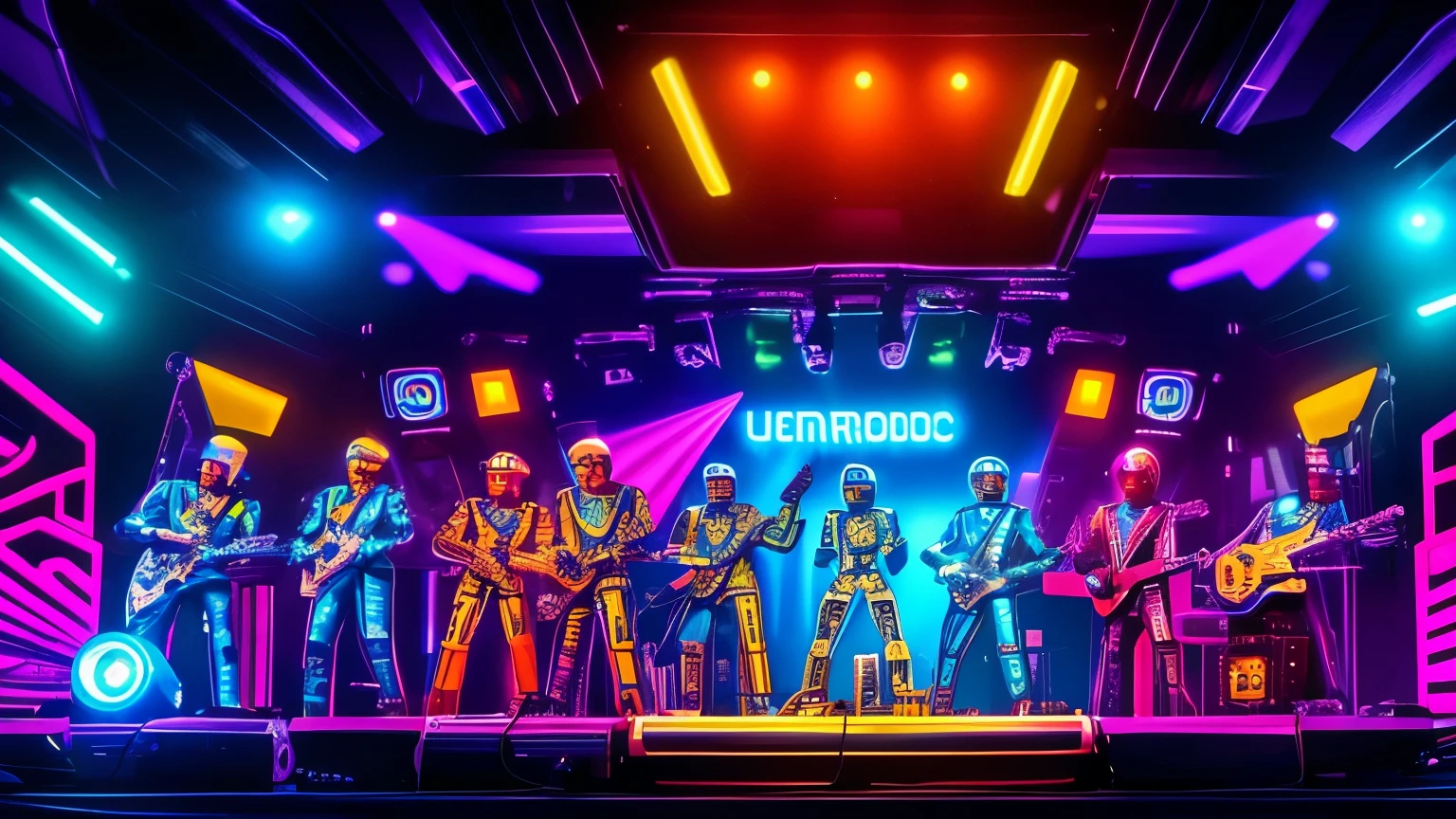 "ELETRONIC STYLE robot band , performing funky rock on a 70s stage, with classic amplifiers, neon lights and a psychedelic background. The robots have retro and technological details, representing the fusion of past and future."