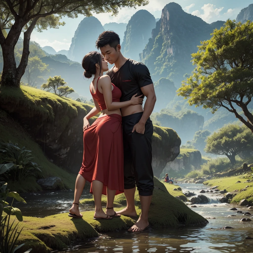 A Thai farmer couple is relaxing by a tree near a stream. The woman is wearing a red crop top. 3D illustration, soft colors, in the rainy season, it gives a calm and surreal feeling. The background has fields, mountains, light and shadows, high resolution, very realistic. She is in a doggy position while he grabs her waist so she can do a magic trick.