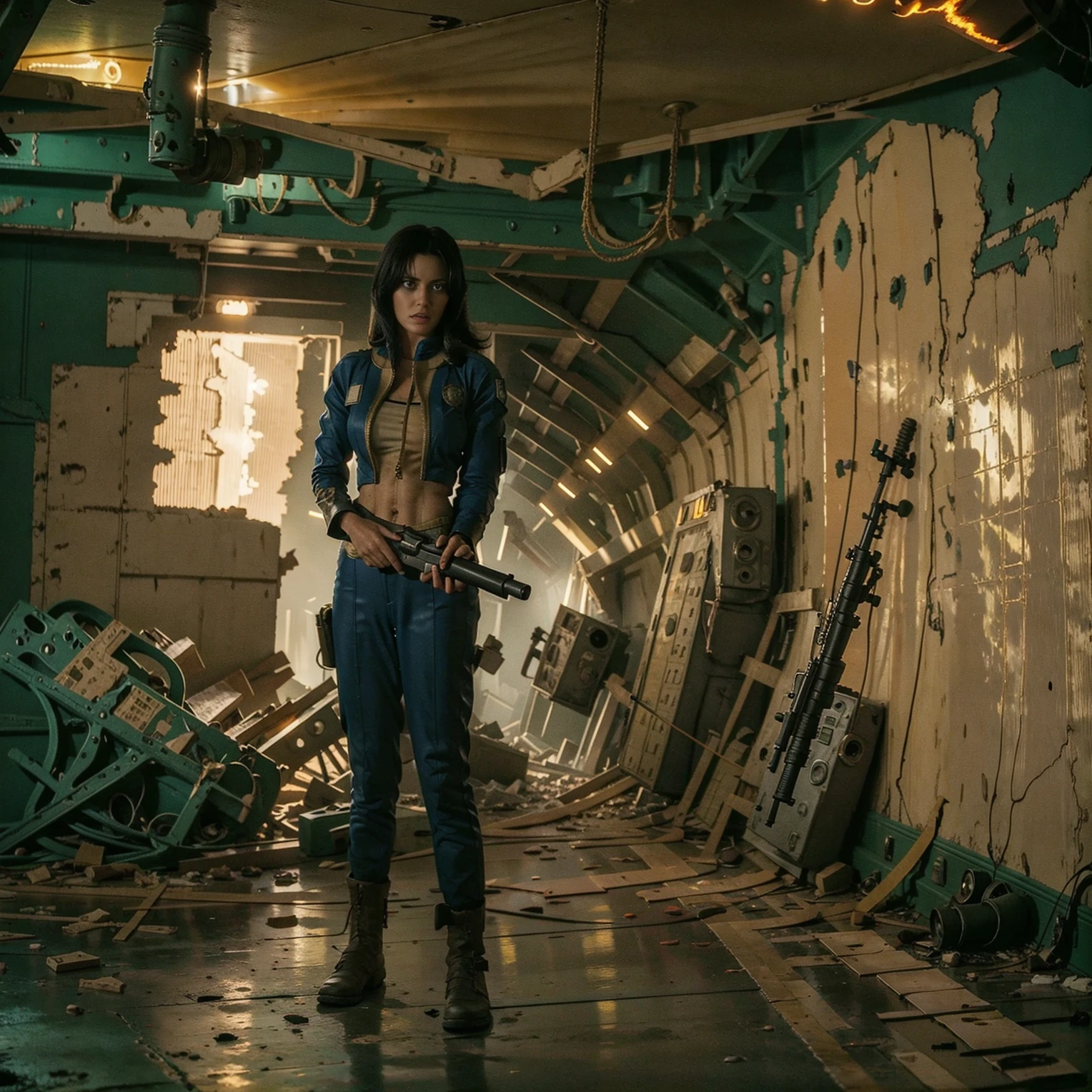 (One person). Fallout TV series. Inside a dimly lit large wreaked smoky room in a post-apocalyptic (casino) in Las Vegas. Vaultsuit Lucy, a 32 year-old vault dweller wearing a blue and gold vaultsuit unzipped top with bloodstains on the t-shirt underneath, her black hair disheveled, with a large ((gun)) in her hand, standing ready to defend herself.  Dark room with smoke and small fires in the rubble. Menacing shadows. Dramatic. Cinematic. realistic colors, realistic, photo-realistic. 