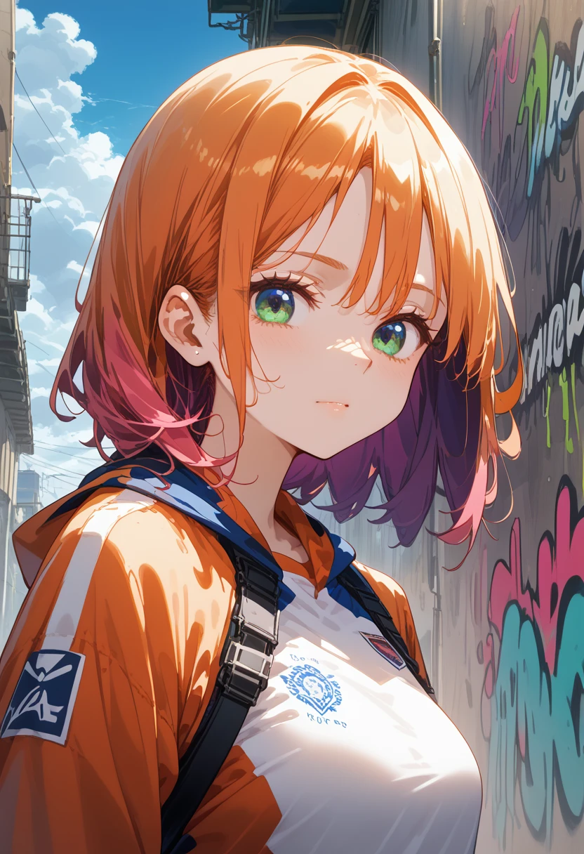 (Best quality), masterpiece, extremely detailed CG illustration of a uniform 8K, saturated color, extremely saturated color saturation, all colors have become deeper, dye, Graffiti art, central composition, extremely detailed light and shadow, graffiti on the wall, wall dyeed bright, 1 girl graffiti 1 girl looking at the wall, very detailed face and eyes, medium length hair, sportswear, colored clouds,Shine,score_9,score_8_up,score_7_up