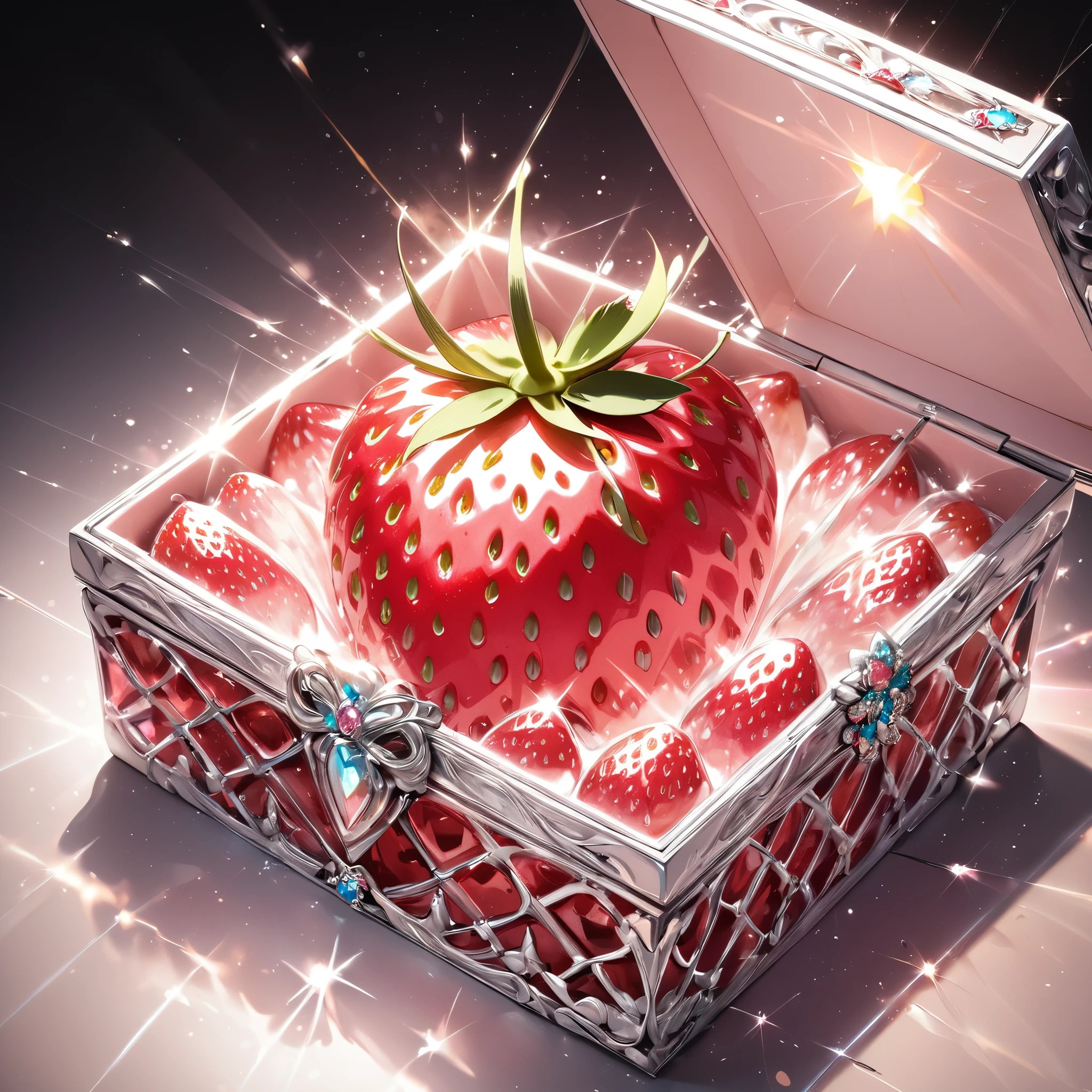 A single strawberry in a jewel box:1.2, ((A beautiful strawberry:1.4)), Beautiful jewelry box, Detailed texture, Very delicate, Light Effects, Shine brightly, Jewelry box decoration, Opened box, Close-up, (Highest quality:1.2, Latest, Vibrant, Ultra-high resolution, High Contrast, masterpiece:1.2, Best aesthetics),