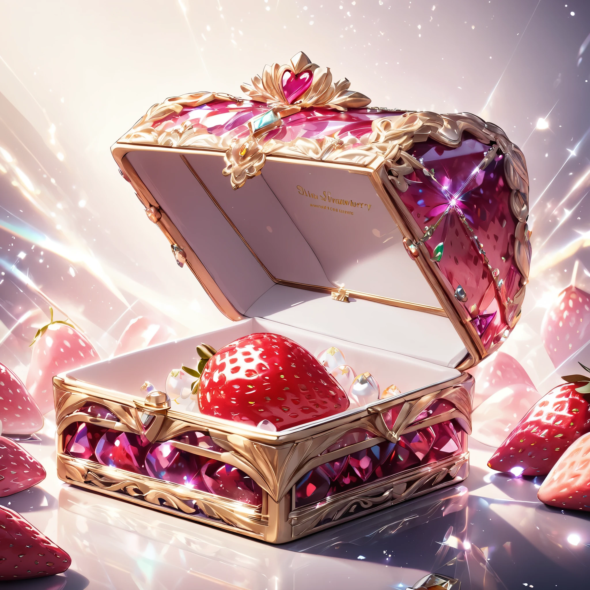 In a jewel box((One capsule))‗Strawberry:1.3, ((1 strawberry:1.4)), Beautiful jewelry box, Detailed texture, Very delicate, Light Effects, Shine brightly, Jewelry box decoration, Opened box, Close-up, (Highest quality:1.2, Latest, Vibrant, Ultra-high resolution, High Contrast, masterpiece:1.2, Best aesthetics),