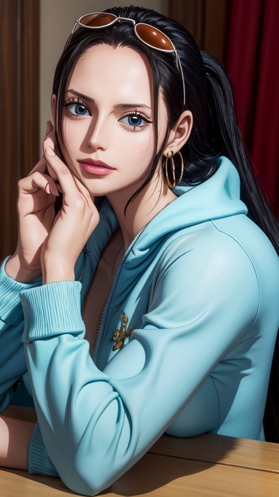 masterpiece, highest quality, Beautiful woman, whole body, Detailed hairstyle, I was sweating, Hoop Earrings, golf bangle, choker, Mature Woman, indoor, nico robin, sunglasses, Wear glasses on your head, Long Hair, big breasts long_Tracksuits, Yoga pants，（8k，RAW Photos），（Best Quality），（Masterpiece Loose），（Realistic，）（Realistic），（High resolution），Hyper Detail，（Gentle Realism：1.1），Beautiful Face， （1 Female：1.1），High resolution), (8k), (Very detailed), (4K), (Pixiv), Perfect Face, Beautiful eyes and face, (highest quality), (Very detailed), Detailed face and eyes, (alone), Textured skin, absurdes, High resolution,