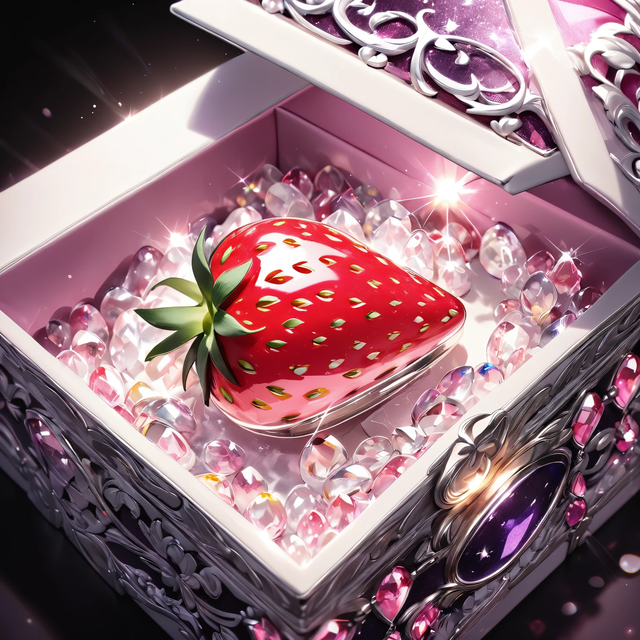 In a jewel box((One capsule))‗Strawberry:1.3, ((1 strawberry:1.4)), Beautiful jewelry box, Detailed texture, Very delicate, Light Effects, Shine brightly, Jewelry box decoration, Opened box, Close-up, (Highest quality:1.2, Latest, Vibrant, Ultra-high resolution, High Contrast, masterpiece:1.2, Best aesthetics),