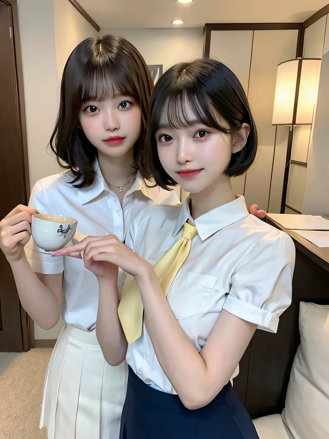 ((Two Girls)),Super cute、、Full body photo、slender、Japanese women、White drool coming out of the mouth、smile、Short Bob Cut、Fair skin、very cute、Soft and good looking、8k resolution、Surreal、Ultra-high resolution、A cup small breasts((Highest Resolution、、masterpiece:1.3))、Extremely thin face、Ultra-thin lips、Beautiful Eyes、double eyelid、Yellow tie、white shirt with open front、Navy blue mini skirt、Thighs、thin、Thighsが見える、Shapely small breasts、smile、