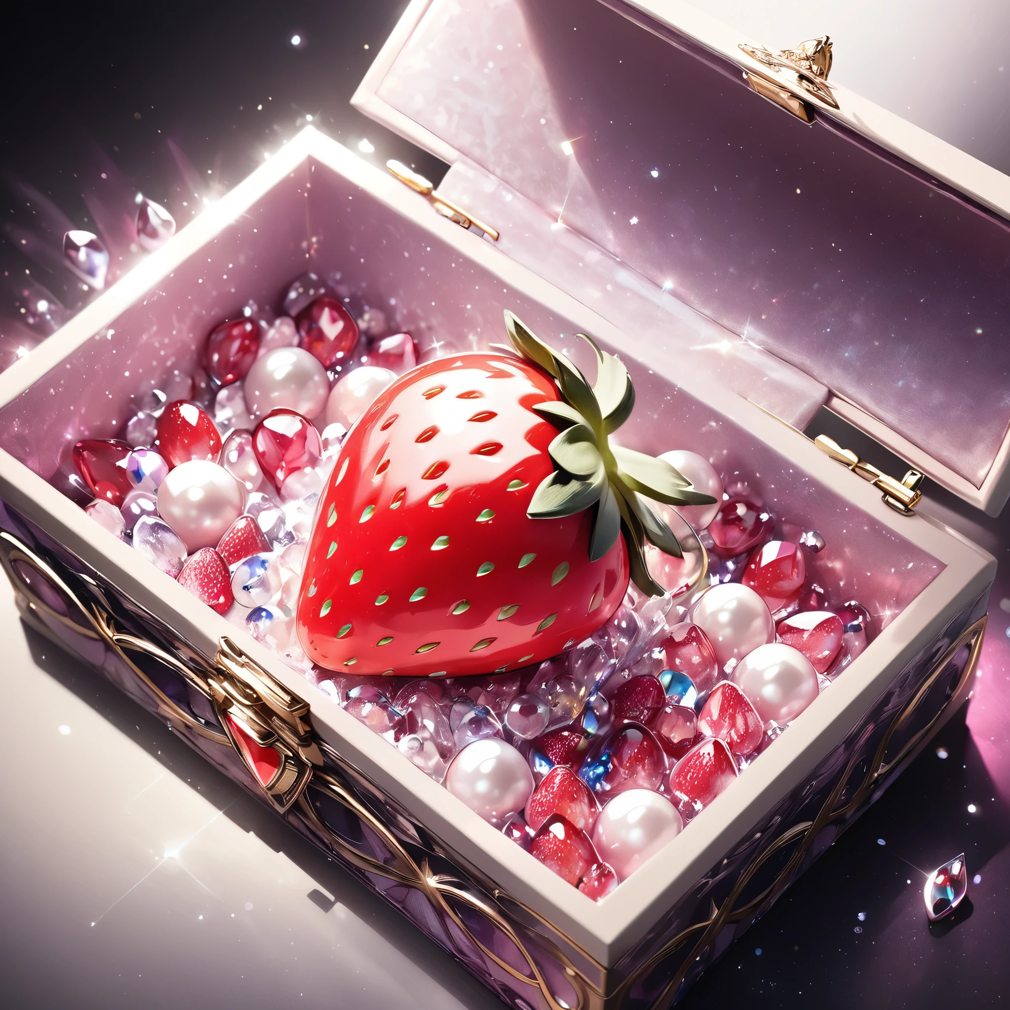 In a jewel box((One capsule))‗Strawberry:1.3, ((1 strawberry:1.4)), Beautiful jewelry box, Detailed texture, Very delicate, Light Effects, Shine brightly, Jewelry box decoration, Opened box, Close-up, (Highest quality:1.2, Latest, Vibrant, Ultra-high resolution, High Contrast, masterpiece:1.2, Best aesthetics),