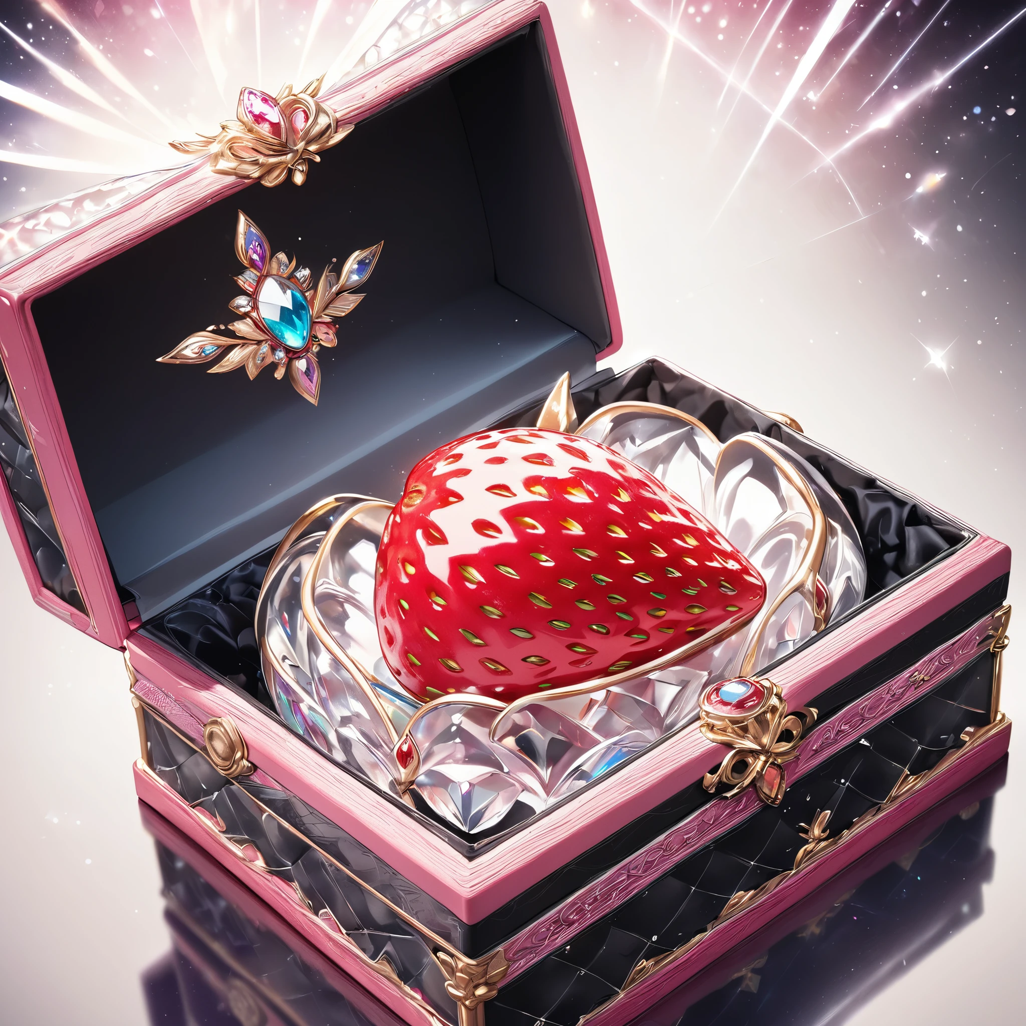 In a jewel box((One capsule))‗Strawberry:1.3, ((1 strawberry:1.4)), Beautiful jewelry box, Detailed texture, Very delicate, Light Effects, Shine brightly, Jewelry box decoration, Opened box, Close-up, (Highest quality:1.2, Latest, Vibrant, Ultra-high resolution, High Contrast, masterpiece:1.2, Best aesthetics),
