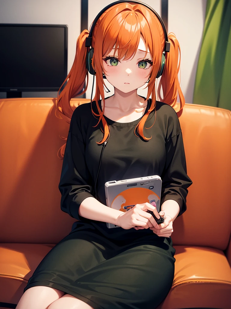masutepiece, Fine detail, 4K, 8K, 12K, Solo, Solo, Beautiful Girl, caucasian female, Nami of one piece, Orange hair, room wear, a computer, headphones, Game Controller, Own room, Indoors