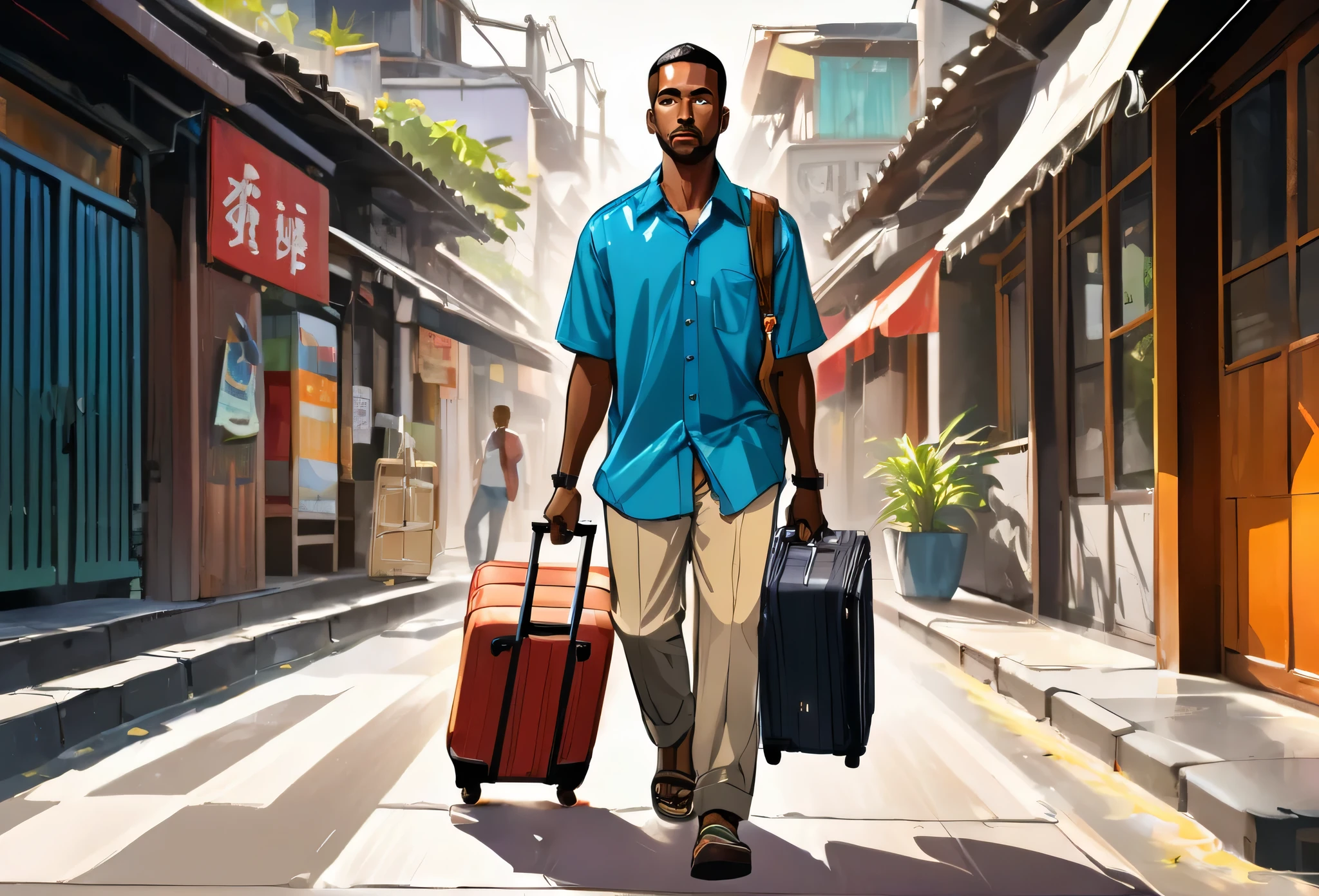 A black man wearing shirt and pants, walking, carrying a luggage same character front view
(masterpiece best quality:1.2) delicate illustration ultra-detailed, illustrations, bright, colourful,