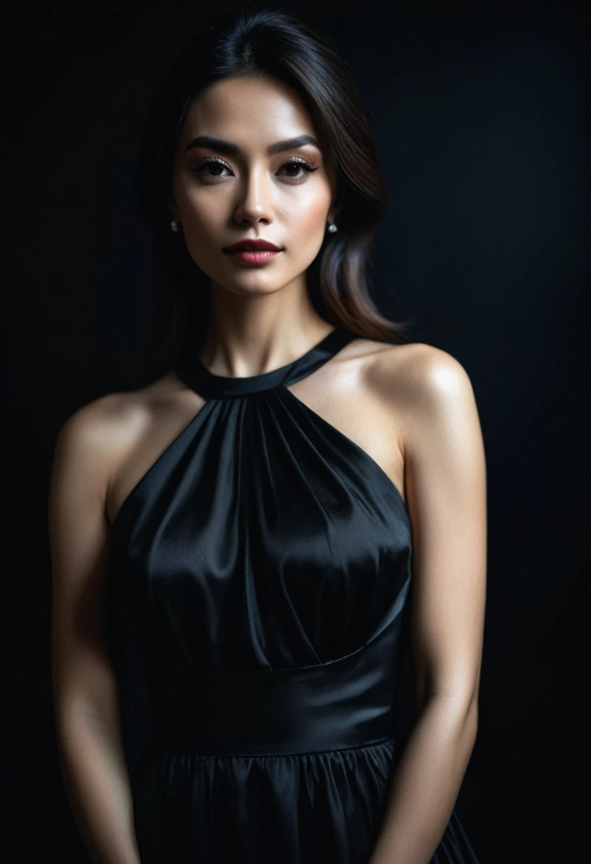 dark shot, film grain, A close up of a woman in a beautiful black dress and a black background, ultra clear, high quality