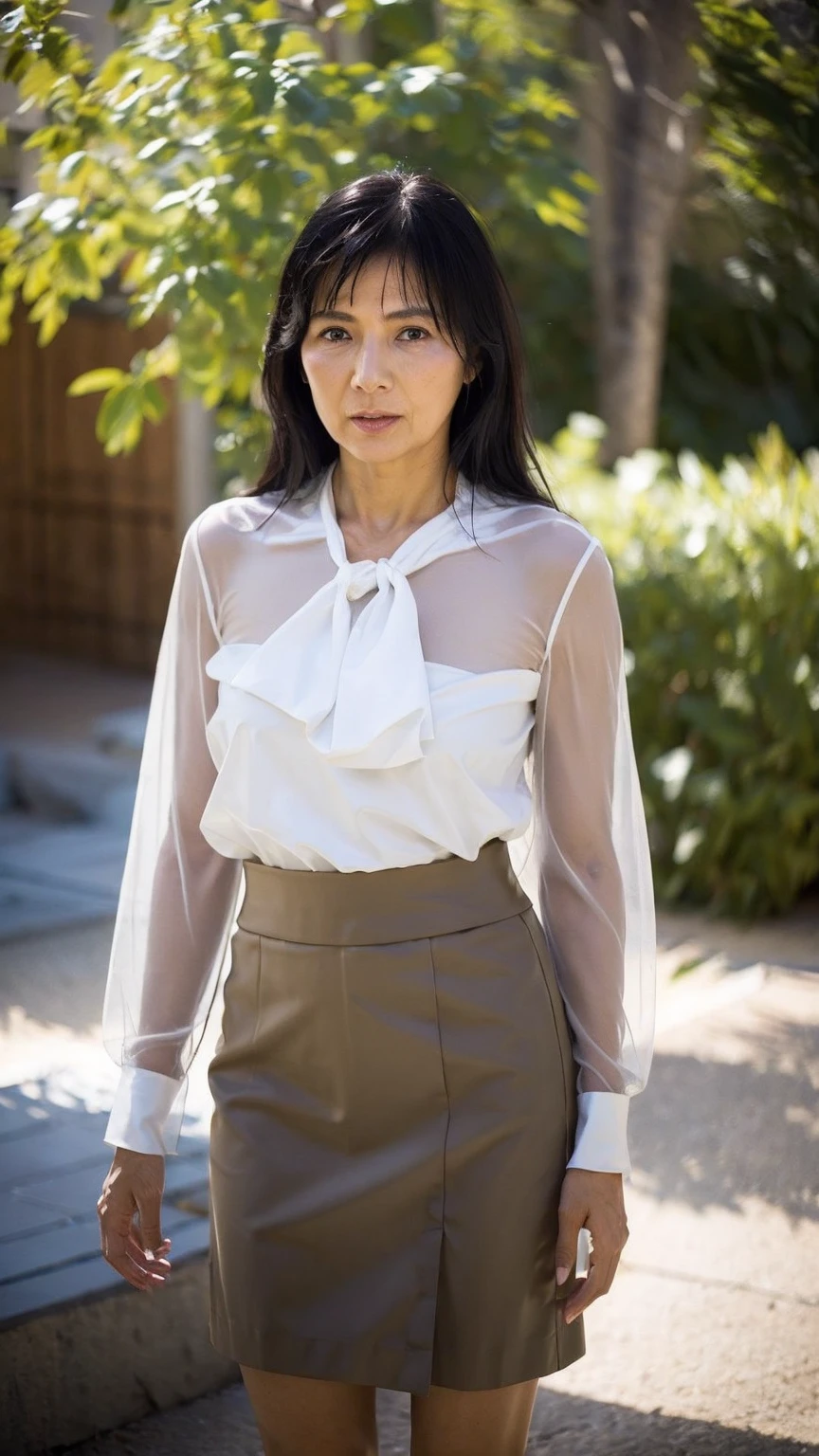 ((Highest quality)), ((8k)), ((masterpiece: 1.3)), (Perfect appearance), (Photorealism: 1.6), (JMA), (Genuine:1.4), 1 Mature Woman, Perfect Anatomy, 65 years old, ((Realistic skin texture)), (Fine lines on the skin), (Dull skin), (Facial wrinkles), (Wrinkles around the eyes), double eyelid, Tear bags under the eyelids, Medium Long Hair, (Plain ,Lantern Sleeve, Tie neck shirt), (Airy Skirt), ((Standing posture: 1.3)), (Resort: 1.2),