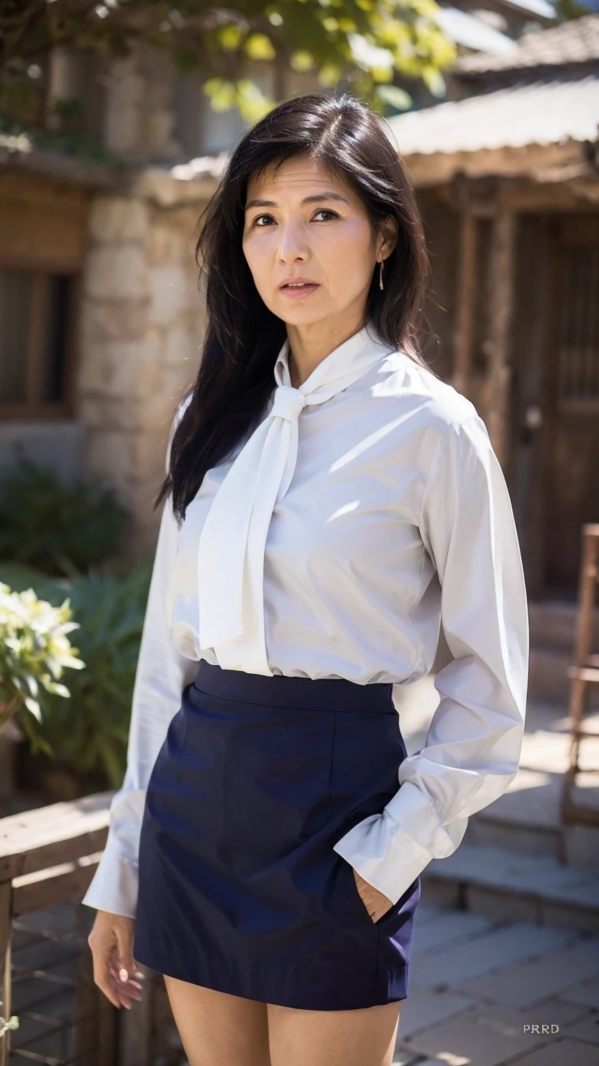((Highest quality)), ((8k)), ((masterpiece: 1.3)), (Perfect appearance), (Photorealism: 1.6), (JMA), (Genuine:1.4), 1 Mature Woman, Perfect Anatomy, 65 years old, ((Realistic skin texture)), (Fine lines on the skin), (Dull skin), (Facial wrinkles), (Wrinkles around the eyes), double eyelid, Tear bags under the eyelids, Medium Long Hair, (Plain ,Lantern Sleeve, Tie neck shirt), (Airy Skirt), ((Standing posture: 1.3)), (Resort: 1.2),