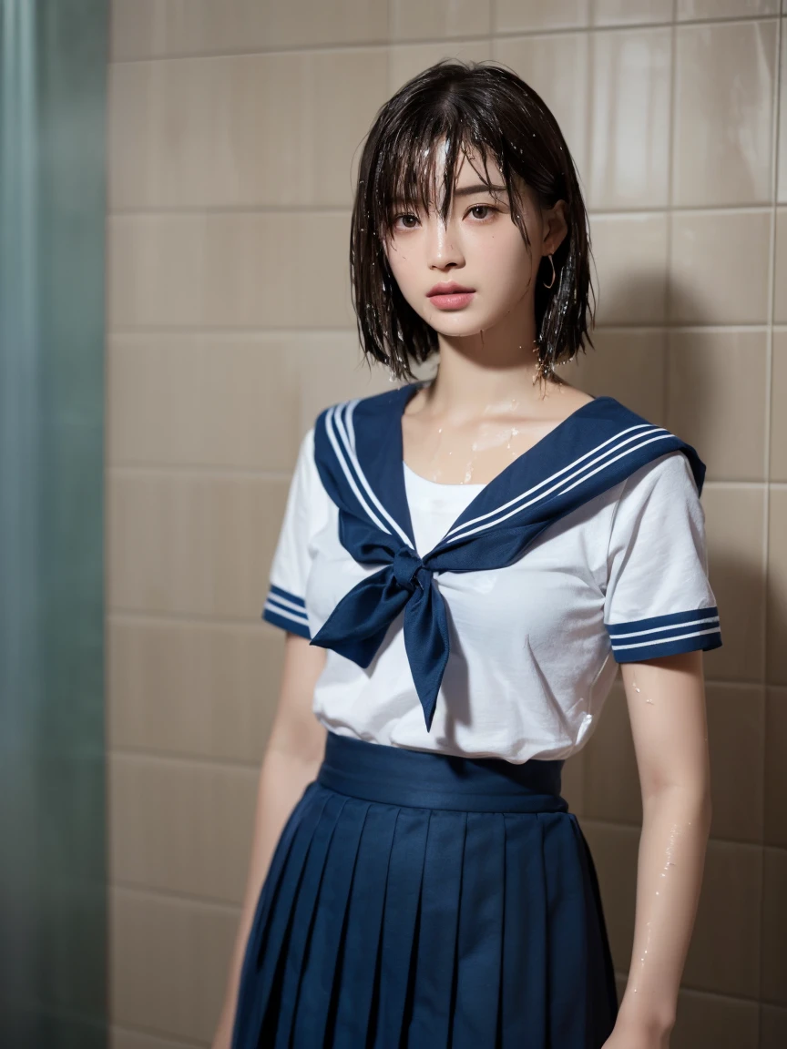 top-quality,masterpiece,Raw photography,8K,20 years old Japanese female idol ,Short hair , skinny body ,lying ,in the bath, Spread legs, skinny body ,Sweat ,wet, navel focus,(((school uniform))),Armpits , look at viewer, face focus ,
