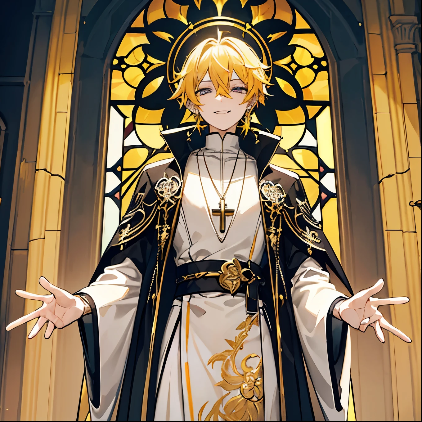 （Tabletop、）solo、Man with yellow hair, Wearing large earrings and a cross necklace (Translucent and intricately embroidered) smile, Wearing strange futuristic fashion, Luxurious and complex priestly clothing, , Exquisitely crafted, Created, Scrupulous, Maximum details, Extremely beautiful,Church stained glass、Fantastic Light, Close ~ eyes
