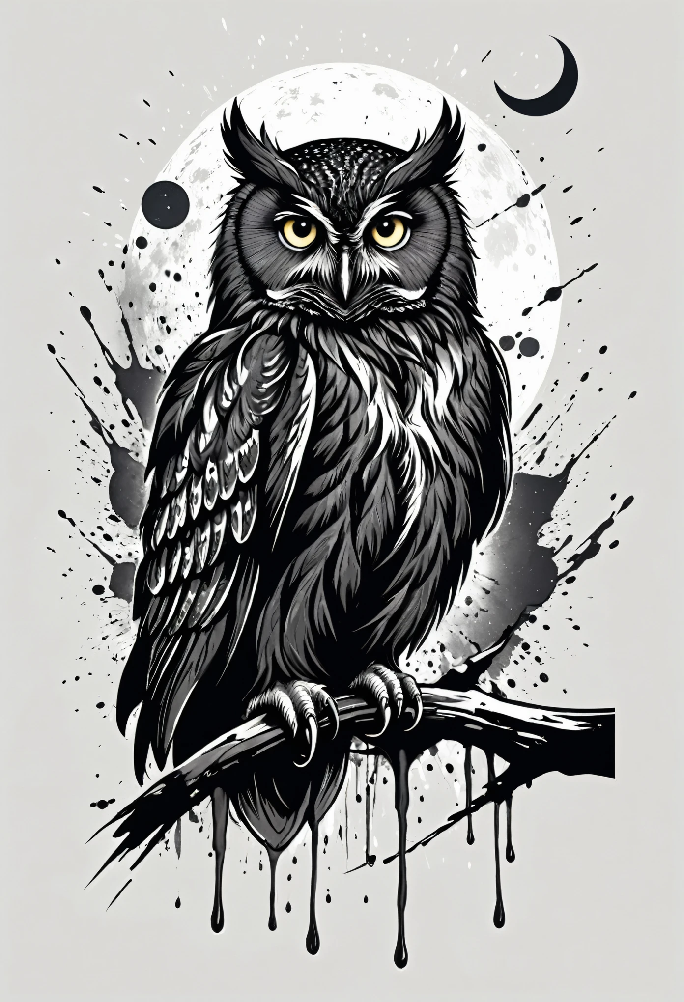 high quality, stary night, black black owl, splash arts, vector graphics, simple lines, black ink pen, made for T-shirt design, highly detailed, darktone