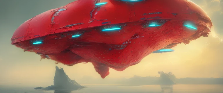 Floating、((Red strawberry-shaped spaceship、Alien Spaceship, floating)), Tundra、high resolution、High definition、8k,RAW、The background is NY、Realistic