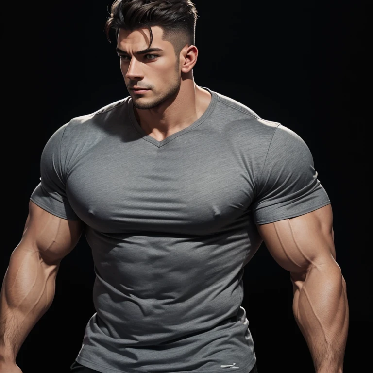 a young and very handsome man, gray shirt, extremely handsome, very muscular, with very large muscles, defined and muscular body, on a black background