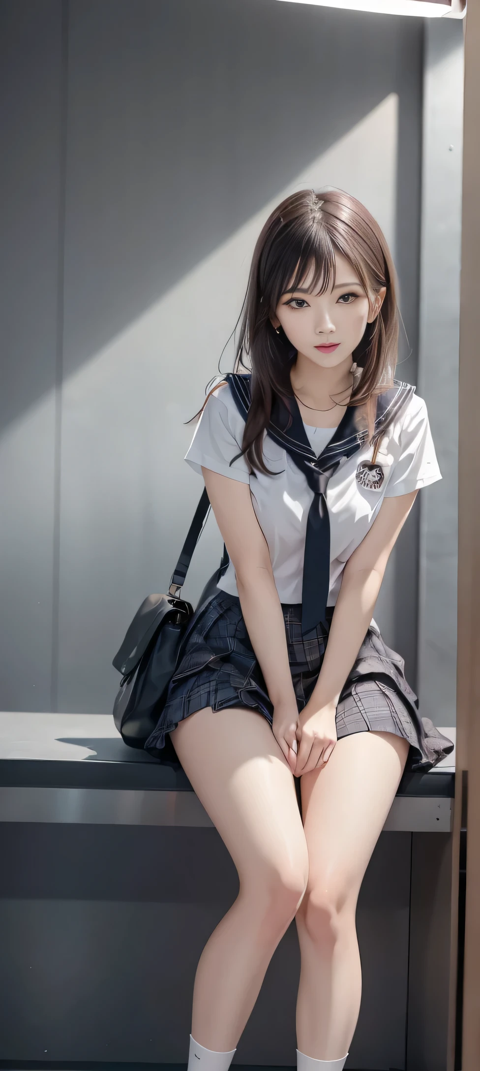 (RAW Photos:1.4), (photoRealistic:1.3),(masterpiece), Highest quality, Highest quality, Very detailed CG unity 8k wallpaper, Detailed and complex, original,High resolution,
\\
One girl,alone,(),Very detailed_eye, nail,Medium chest,(eyeliner:0.5),(blush:0.5),Black Hair,Long Hair,Hair Clip, View your viewers,Browsing Caution,
\\
high school,student,, Sailor collar,Bobby Socks,school bag,skirt, Plaid, Plaid skirt,Raise your knees,Sit down
\\
street, Subway Station, Shop Boundaries, akihabara \(Tokyo\), Shibuya Ward \(Tokyo\), Shinjuku \(Tokyo\),
\\
Beautifully detailed backgrounds,Depth of written boundary,change:0.1,Realistic:1.3,(Zhou Haoguang:1),(Neon Light:0.1),(High resolution:1),(Studio Lighting:1.5),(Panty shot:1.2),From below,whole body, slouch、skirtを手で押さえている、