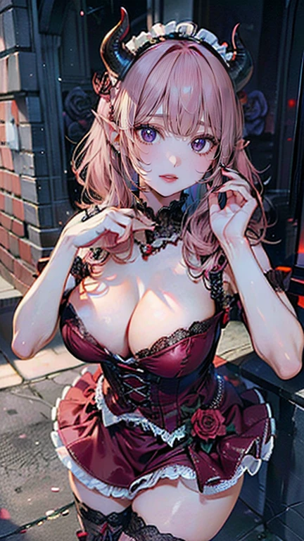 (masterpiece, Highest quality:1.3), (Very detailed:1.2), (hyperRealistic:1.3), (RAW Photos:1.2), High resolution raw color photos, Professional photos, (PhotoRealistic:1.4), (Realistic:1.4), (Pink Hair:1.5), Professional Lighting, Perfect Anatomy, (Big Breasts:1.3), (blush, Detailed face), (Bright smile:1.5), Trending Hair&Trending Hairカラーをランダムに, Earrings, necklace, bracelet, sexy, erotic sexy, ランダムでsexyなグラビアポーズ, いろいろなsexyポーズ、Random Pause、(Beautiful cosplayer in a red gothic ta dress、The mysterious smile of an old church、Black rose in hand。Lace headdress on head、She is wearing red boots。: 1.3)、Succubus、devil、It has two red horns on its head.、Has two horns on its head,Big horns