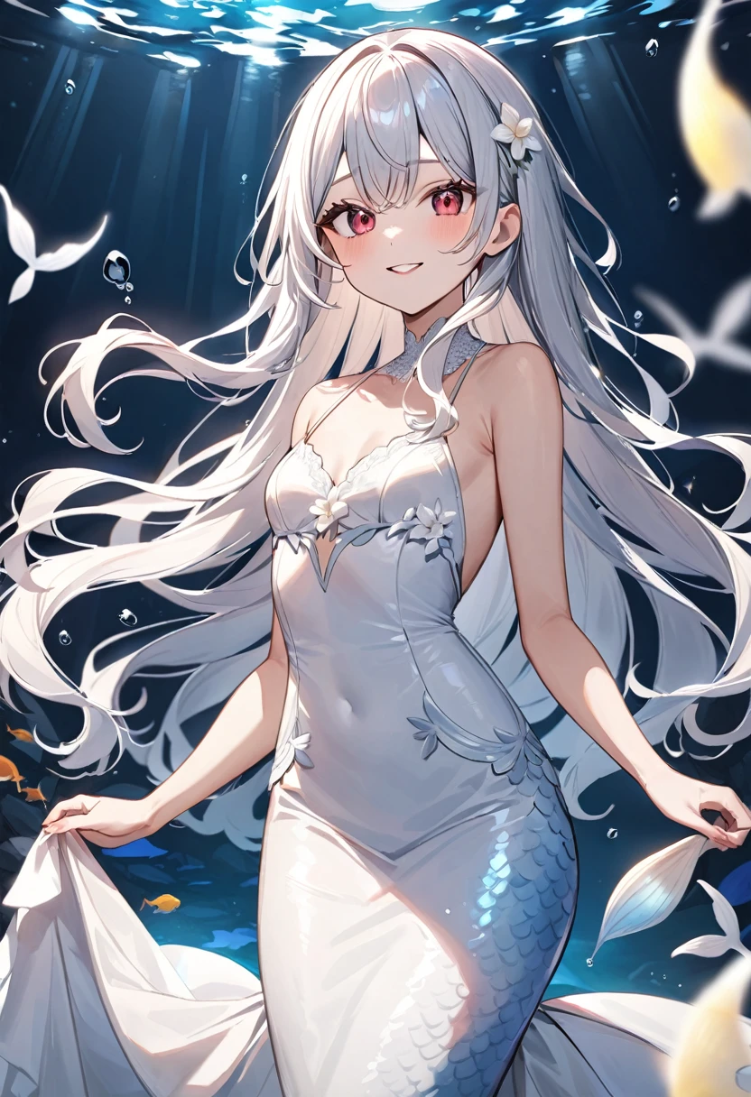 (masterpiece, top quality, very aesthetic, 4k、illustration), intricate detail, 1woman,、solo,contrapposto 、Strong glowing eyes、,(cowboy shot)、、(),beautiful face、from side、smile、straight hair、(red to white gradient hair)、,middle hair,sidelock ,レッド　eyes、white Summer MermaidDresses、small breasts、Slim 、dim
