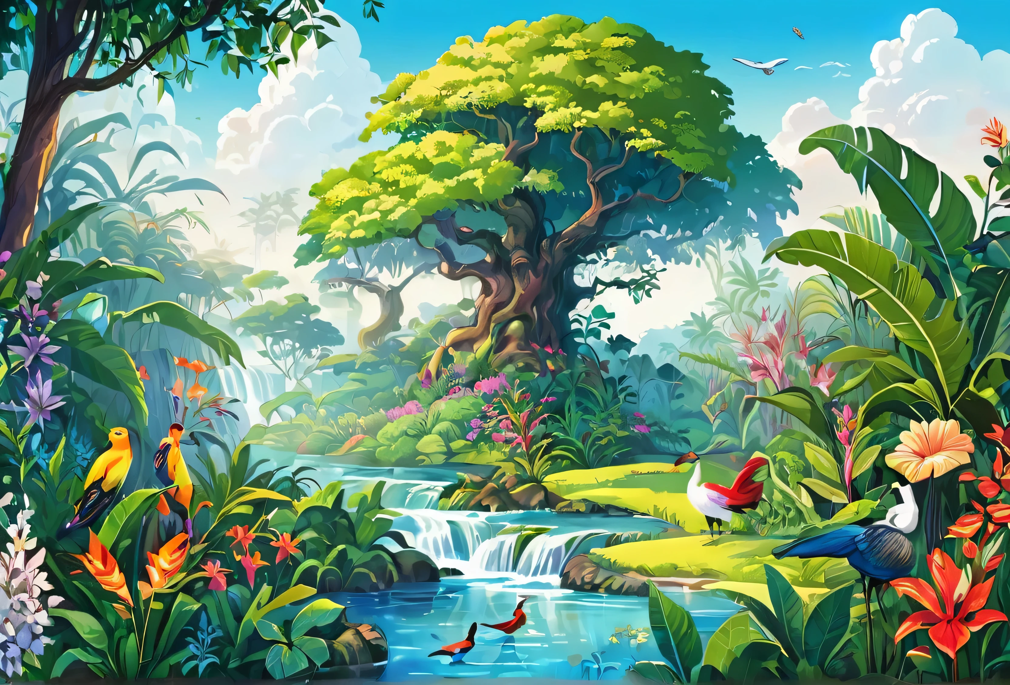 Garden of Eden (paradise) beautiful, with trees and animals of all kinds, vegetation, flowers. (masterpiece best quality:1.2) delicate illustration ultra-detailed, illustrations, bright, colourful,