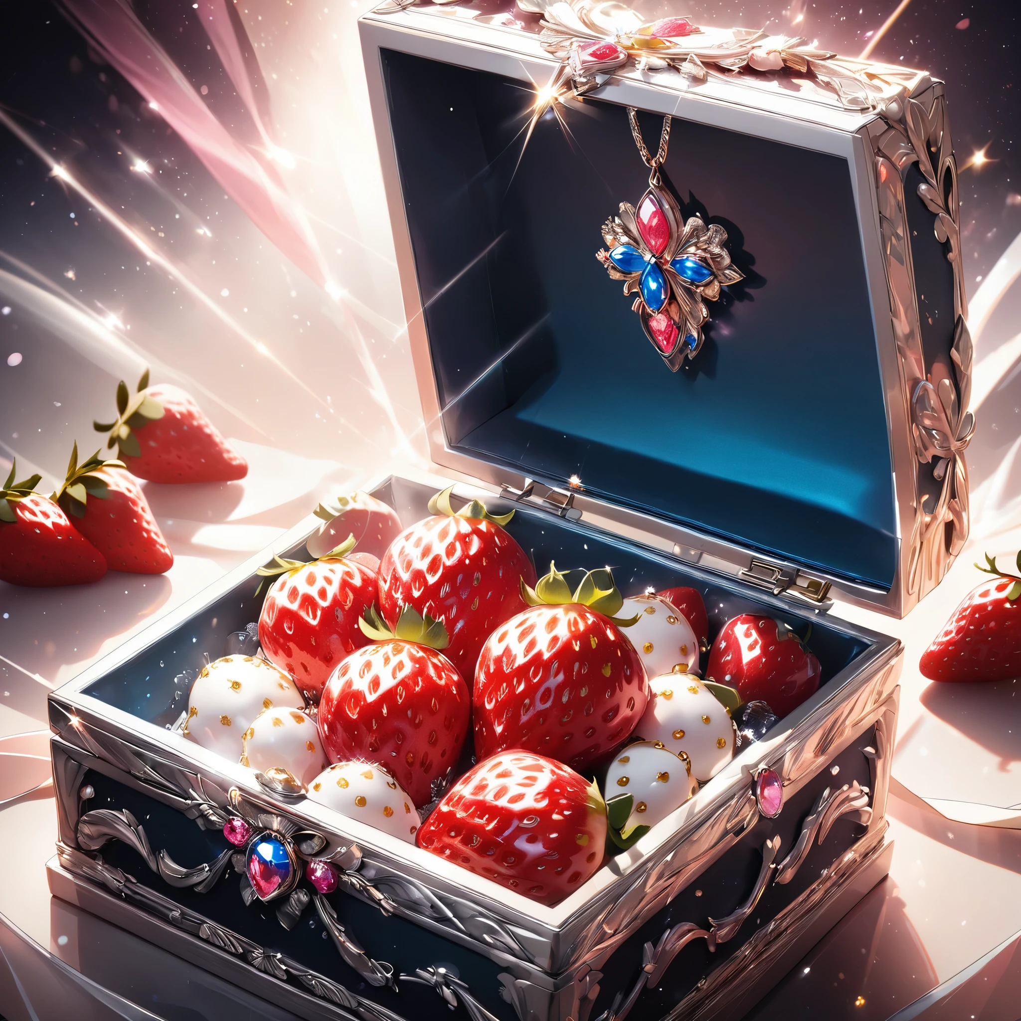 A single strawberry in a jewel box:1.2, Beautiful strawberries, Beautiful jewelry box, Detailed texture, Very delicate, Light Effects, Shine brightly, Jewelry box decoration, Opened box, Close-up, (Highest quality:1.2, Latest, Vibrant, Ultra-high resolution, High Contrast, masterpiece:1.2, Best aesthetics),