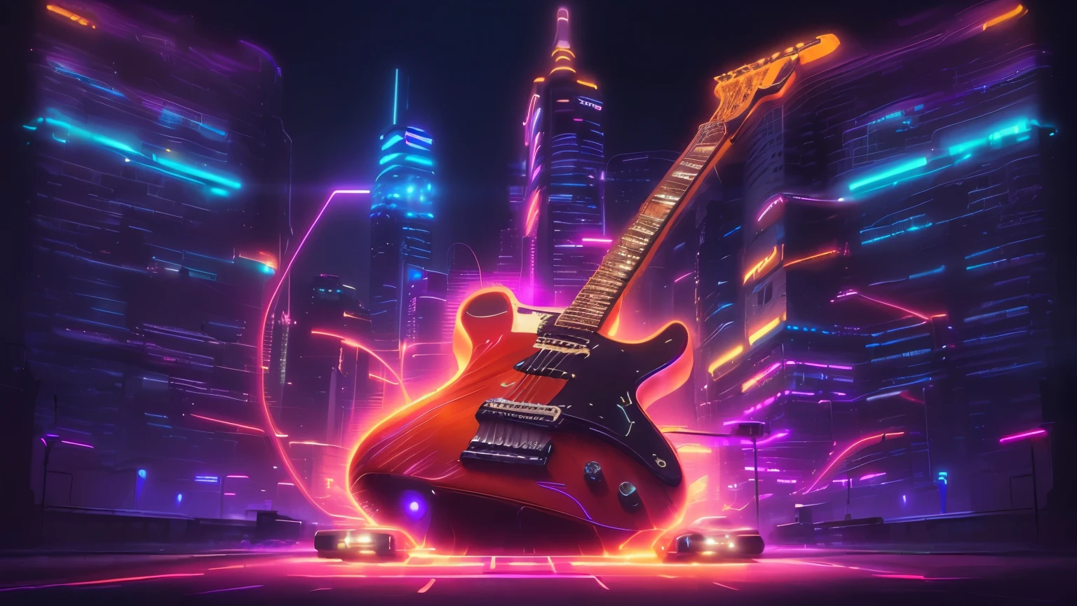 a guitar in the city with neon lights and a cityscape background, futuristic electric guitar, guitar concept art, 8 0's style tomasz alen kopera, synthwave city, progressive rock album cover, neonpunk, synthwave art, style hybrid mix of beeple, photorealistic music album cover, epic retrowave art, synthwave art style